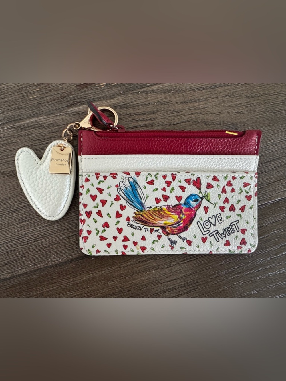 NWOT Brighton Multi-Color Bird Card Holder with Red Trim w/ Pom Pom Charm